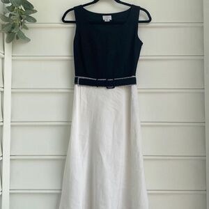 Ann Taylor Loft Linen Blend Belted Sleeveless MIDI Dress Black Cream Size 0‎
